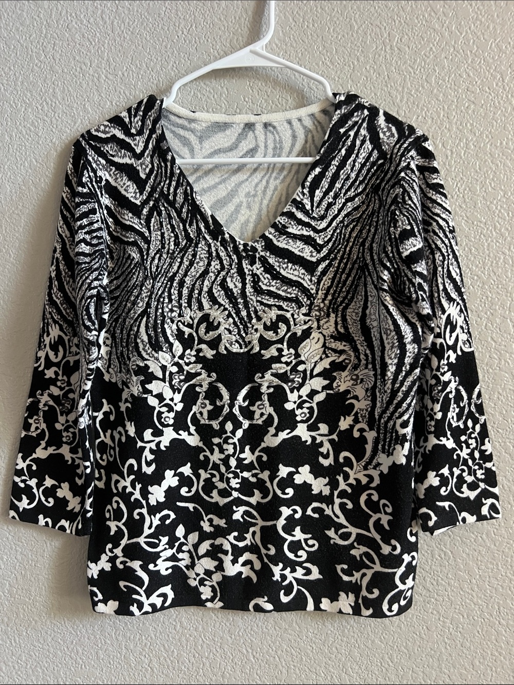 Pierri New York Zebra Floral V-Neck Patterned 3/4 Sleeve Women’s Top Size M